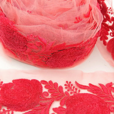 Salmon Pink Soft Net Fabric Lace Trim with Floral Embroidery, Lace Trim, Sari Border